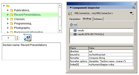 Figure 1. The new Component Inspector panel, showing the XML Connector component's bindings between a Numeric Stepper and a TextArea.